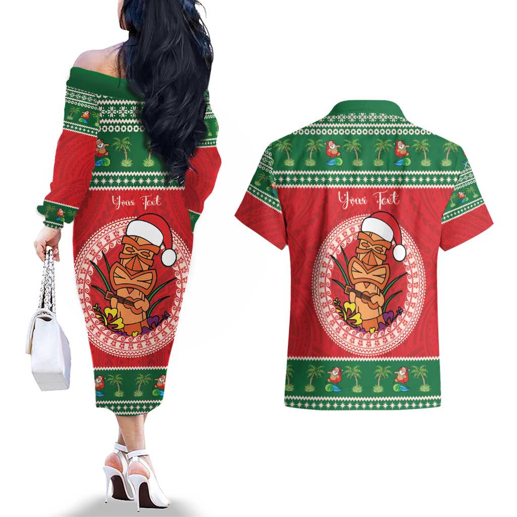 Personalized Hawaii Christmas Couples Matching Off The Shoulder Long Sleeve Dress and Hawaiian Shirt Tiki Santa Mele Kalikimaka LT14 - Polynesian Pride