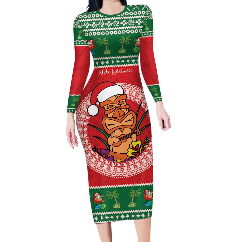 Personalized Hawaii Christmas Family Matching Long Sleeve Bodycon Dress and Hawaiian Shirt Tiki Santa Mele Kalikimaka LT14 Mom's Dress Red - Polynesian Pride