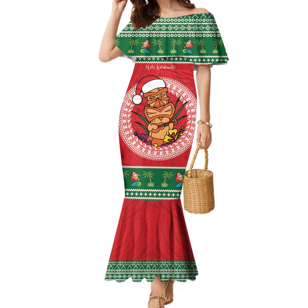 Personalized Hawaii Christmas Family Matching Mermaid Dress and Hawaiian Shirt Tiki Santa Mele Kalikimaka LT14 Mom's Dress Red - Polynesian Pride