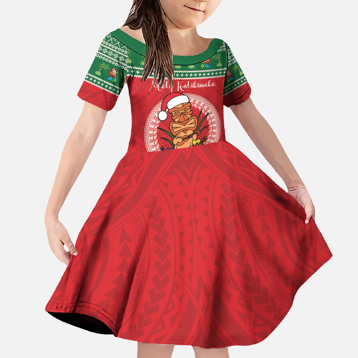 Personalized Hawaii Christmas Family Matching Off The Shoulder Long Sleeve Dress and Hawaiian Shirt Tiki Santa Mele Kalikimaka LT14 Daughter's Dress Red - Polynesian Pride