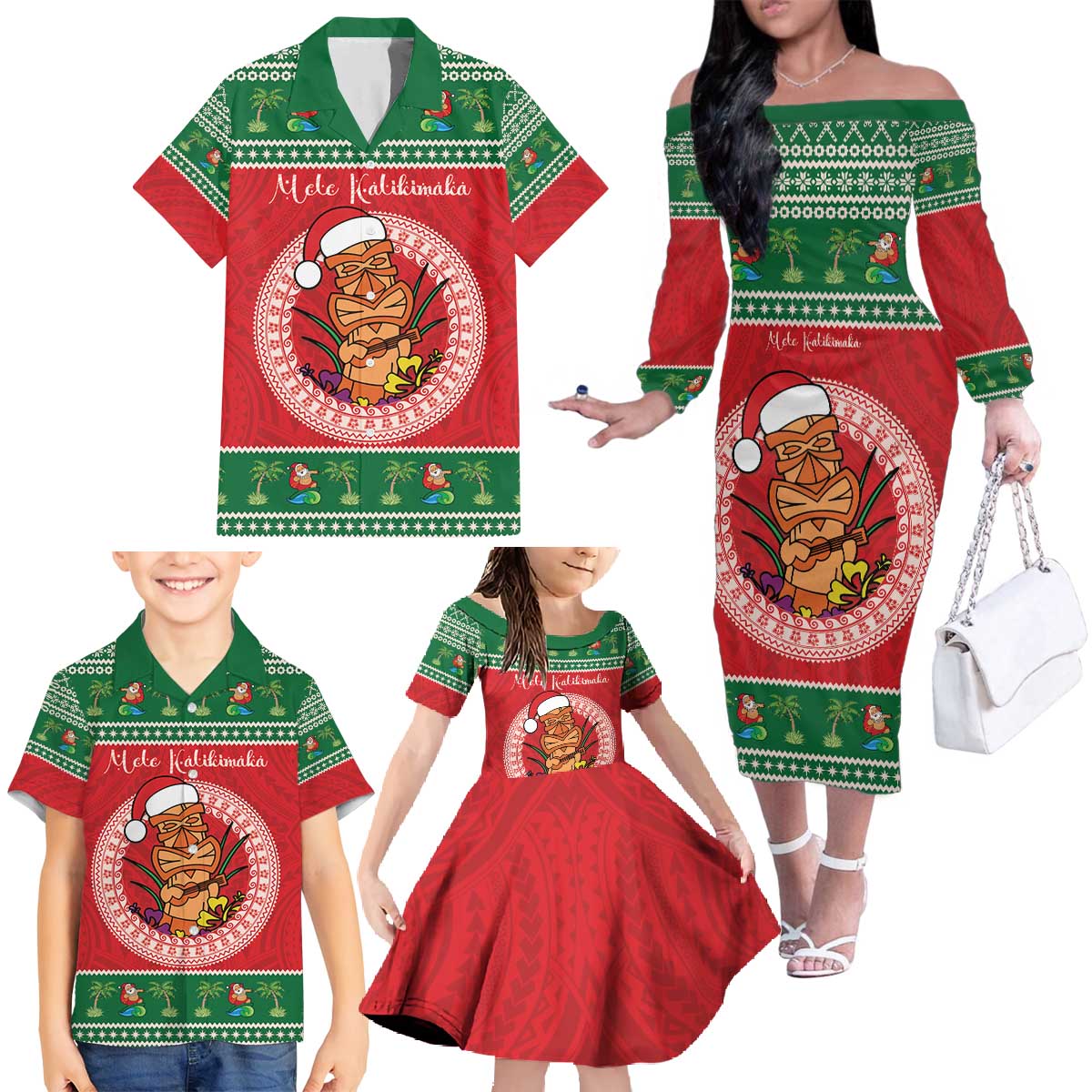 Personalized Hawaii Christmas Family Matching Off The Shoulder Long Sleeve Dress and Hawaiian Shirt Tiki Santa Mele Kalikimaka LT14 - Polynesian Pride
