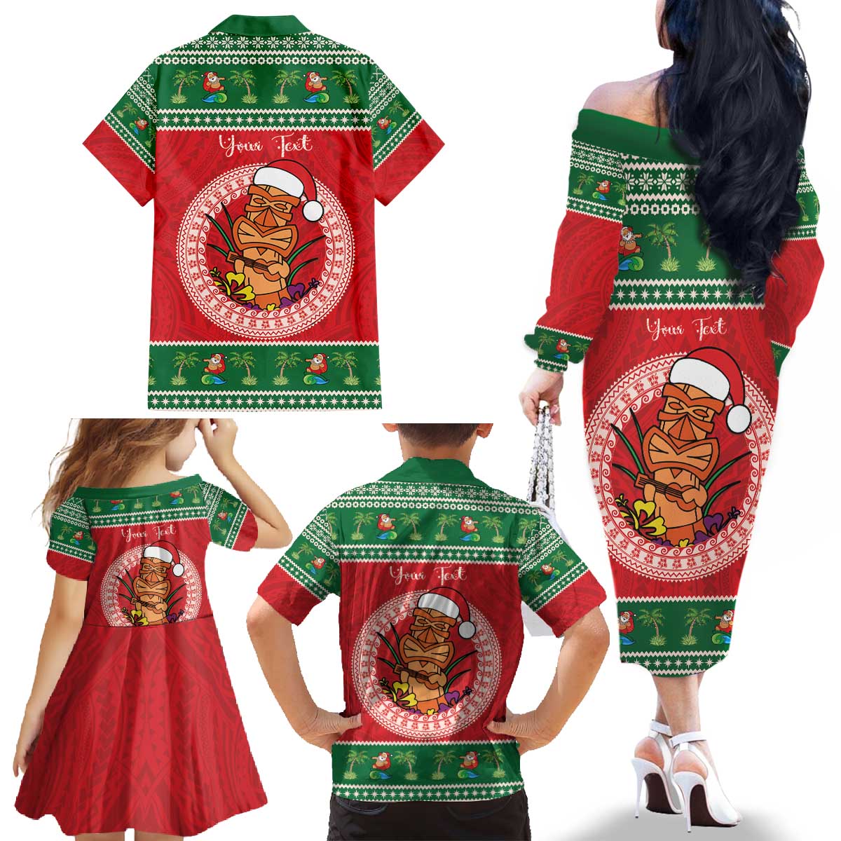 Personalized Hawaii Christmas Family Matching Off The Shoulder Long Sleeve Dress and Hawaiian Shirt Tiki Santa Mele Kalikimaka LT14 - Polynesian Pride