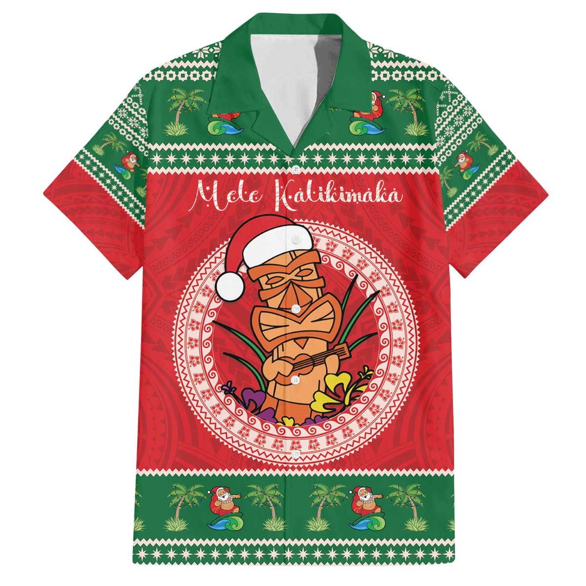 Personalized Hawaii Christmas Family Matching Off The Shoulder Long Sleeve Dress and Hawaiian Shirt Tiki Santa Mele Kalikimaka LT14 Dad's Shirt - Short Sleeve Red - Polynesian Pride