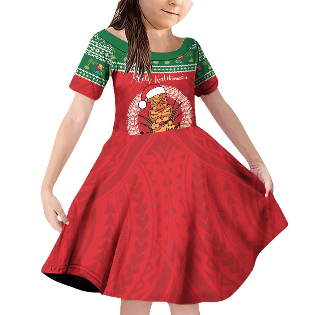 Personalized Hawaii Christmas Family Matching Off Shoulder Short Dress and Hawaiian Shirt Tiki Santa Mele Kalikimaka LT14 Daughter's Dress Red - Polynesian Pride