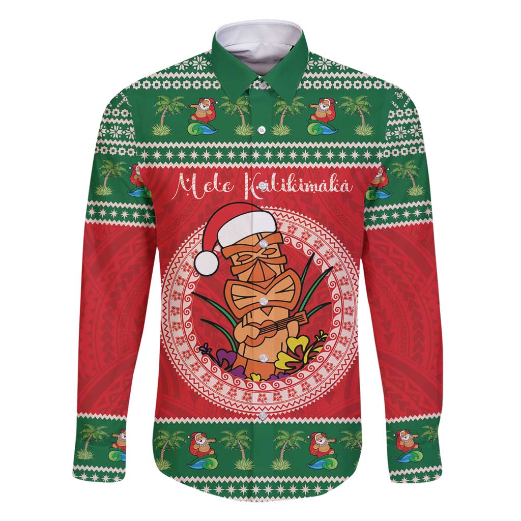 Personalized Hawaii Christmas Family Matching Off Shoulder Short Dress and Hawaiian Shirt Tiki Santa Mele Kalikimaka LT14 Dad's Shirt - Long Sleeve Red - Polynesian Pride