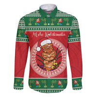 Personalized Hawaii Christmas Family Matching Off Shoulder Short Dress and Hawaiian Shirt Tiki Santa Mele Kalikimaka LT14 Dad's Shirt - Long Sleeve Red - Polynesian Pride