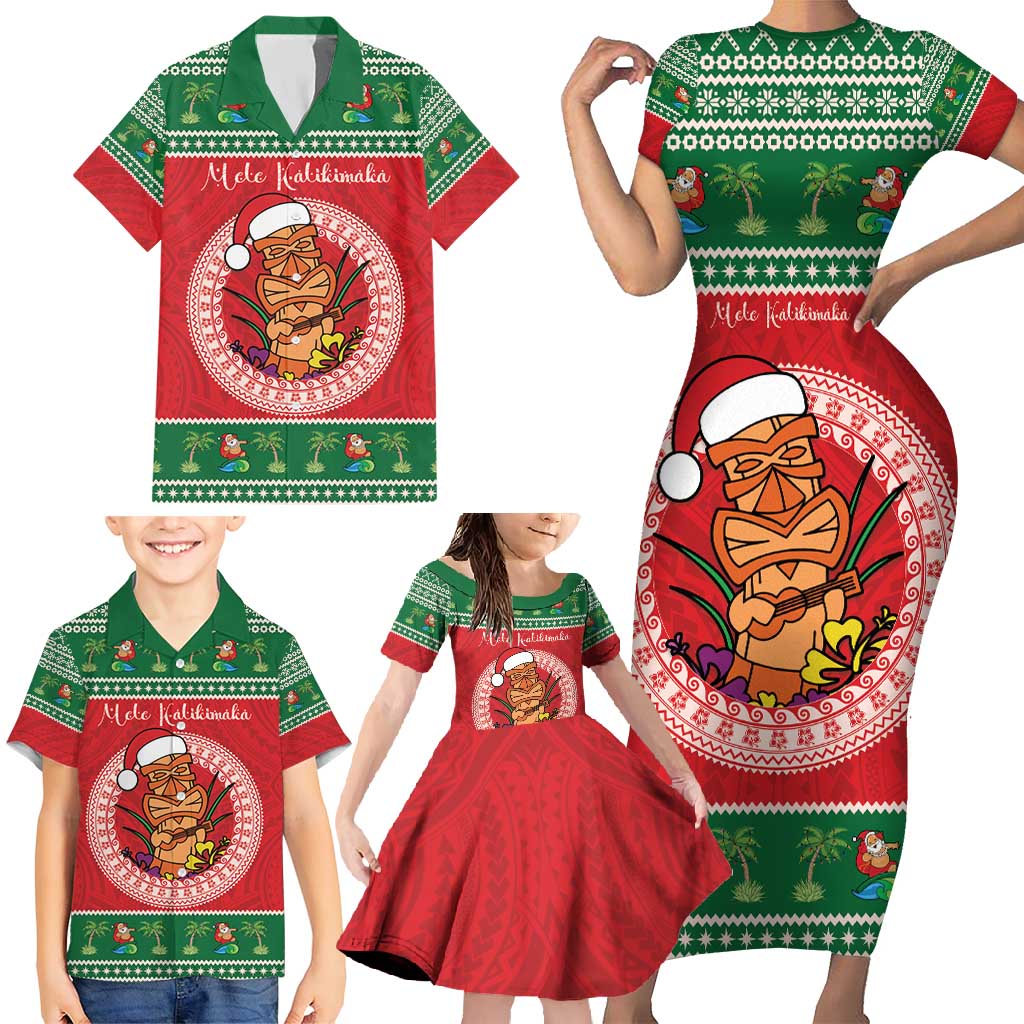 Personalized Hawaii Christmas Family Matching Short Sleeve Bodycon Dress and Hawaiian Shirt Tiki Santa Mele Kalikimaka LT14 - Polynesian Pride
