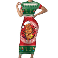 Personalized Hawaii Christmas Family Matching Short Sleeve Bodycon Dress and Hawaiian Shirt Tiki Santa Mele Kalikimaka LT14 Mom's Dress Red - Polynesian Pride