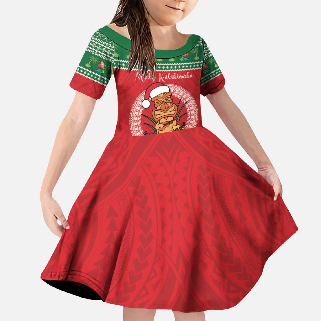 Personalized Hawaii Christmas Family Matching Summer Maxi Dress and Hawaiian Shirt Tiki Santa Mele Kalikimaka LT14 Daughter's Dress Red - Polynesian Pride