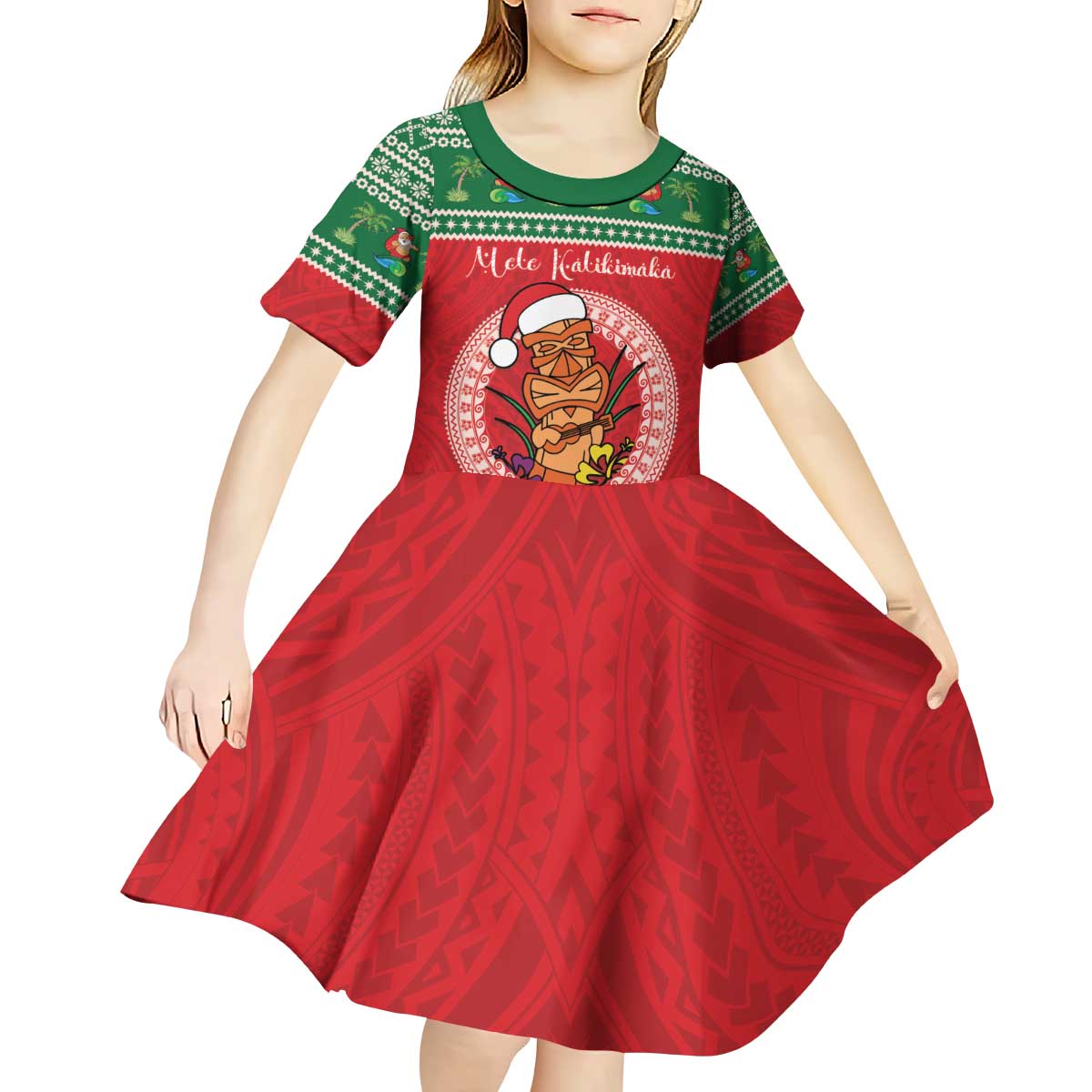 Personalized Hawaii Christmas Kid Short Sleeve Dress Tiki Santa Mele Kalikimaka LT14 - Polynesian Pride