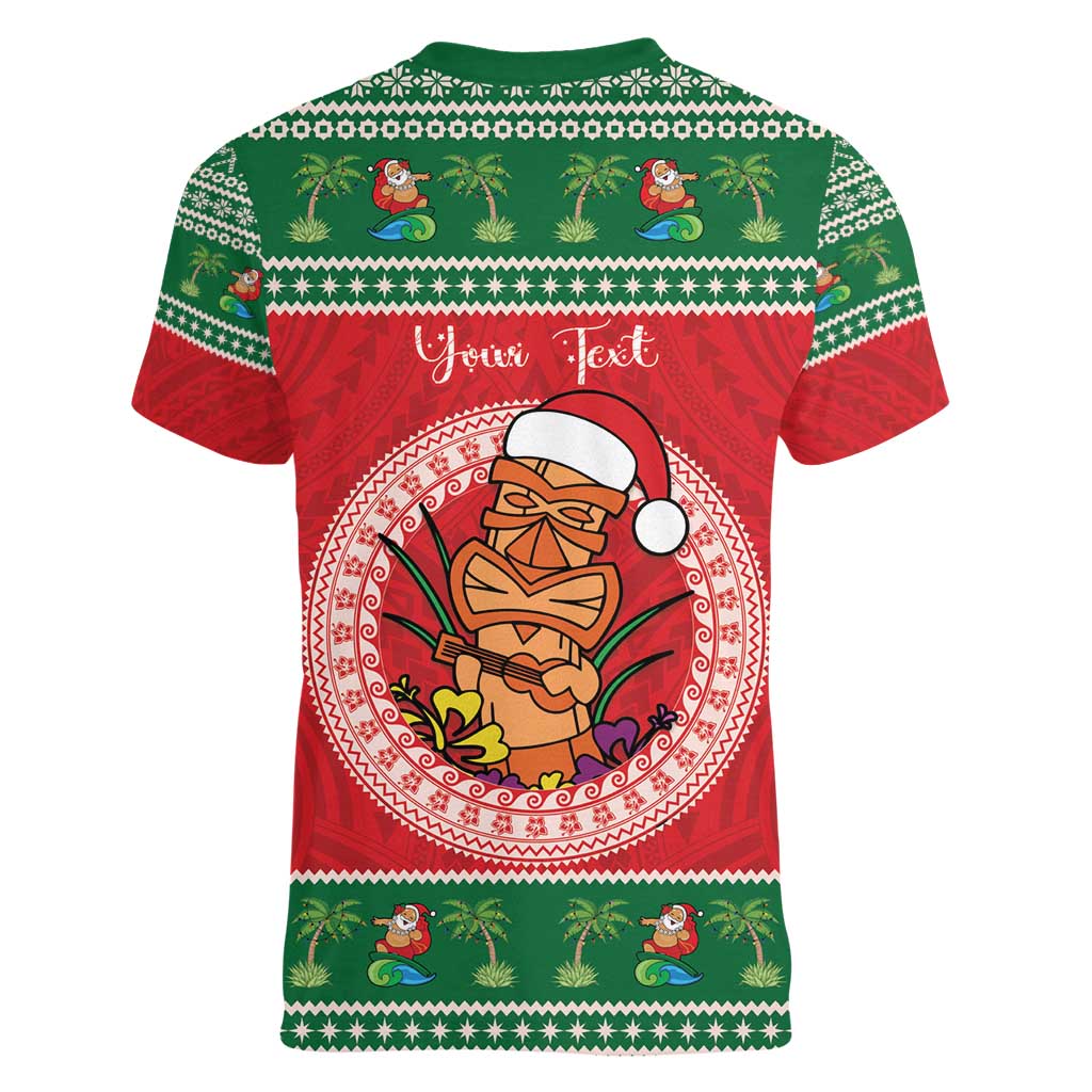 Personalized Hawaii Christmas Women V-Neck T-Shirt Tiki Santa Mele Kalikimaka