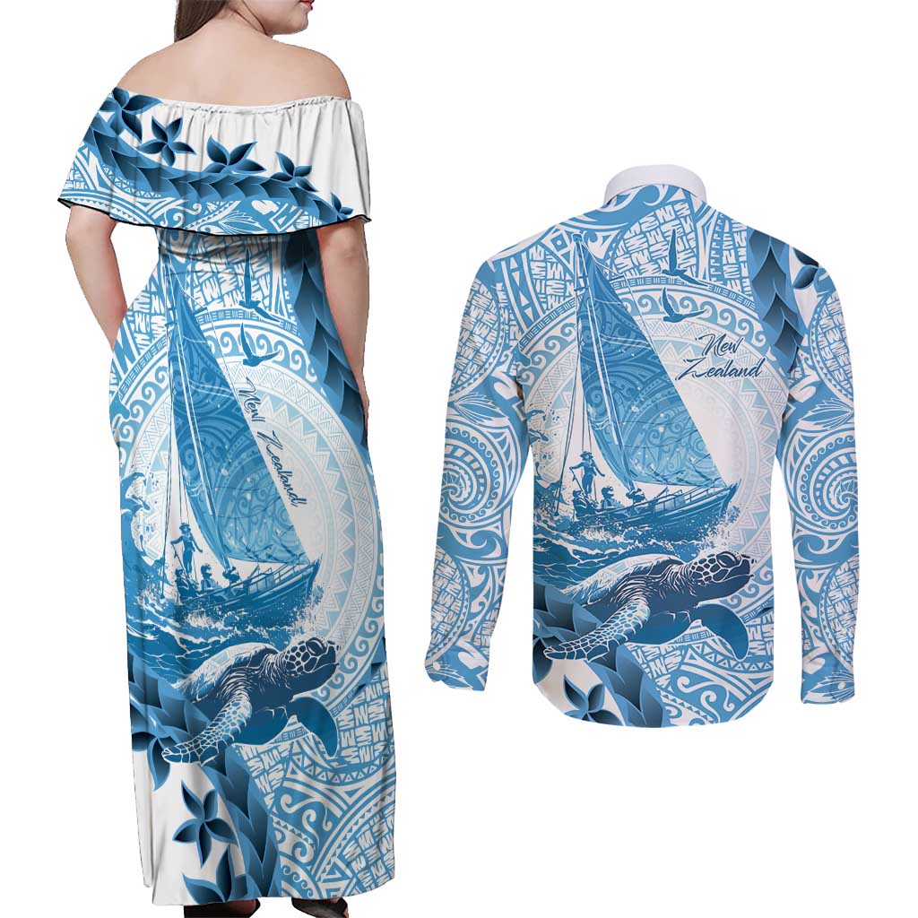 New Zealand Saling Couples Matching Off Shoulder Maxi Dress and Long Sleeve Button Shirt Aotearoa Yacht Racing - Born To Sail