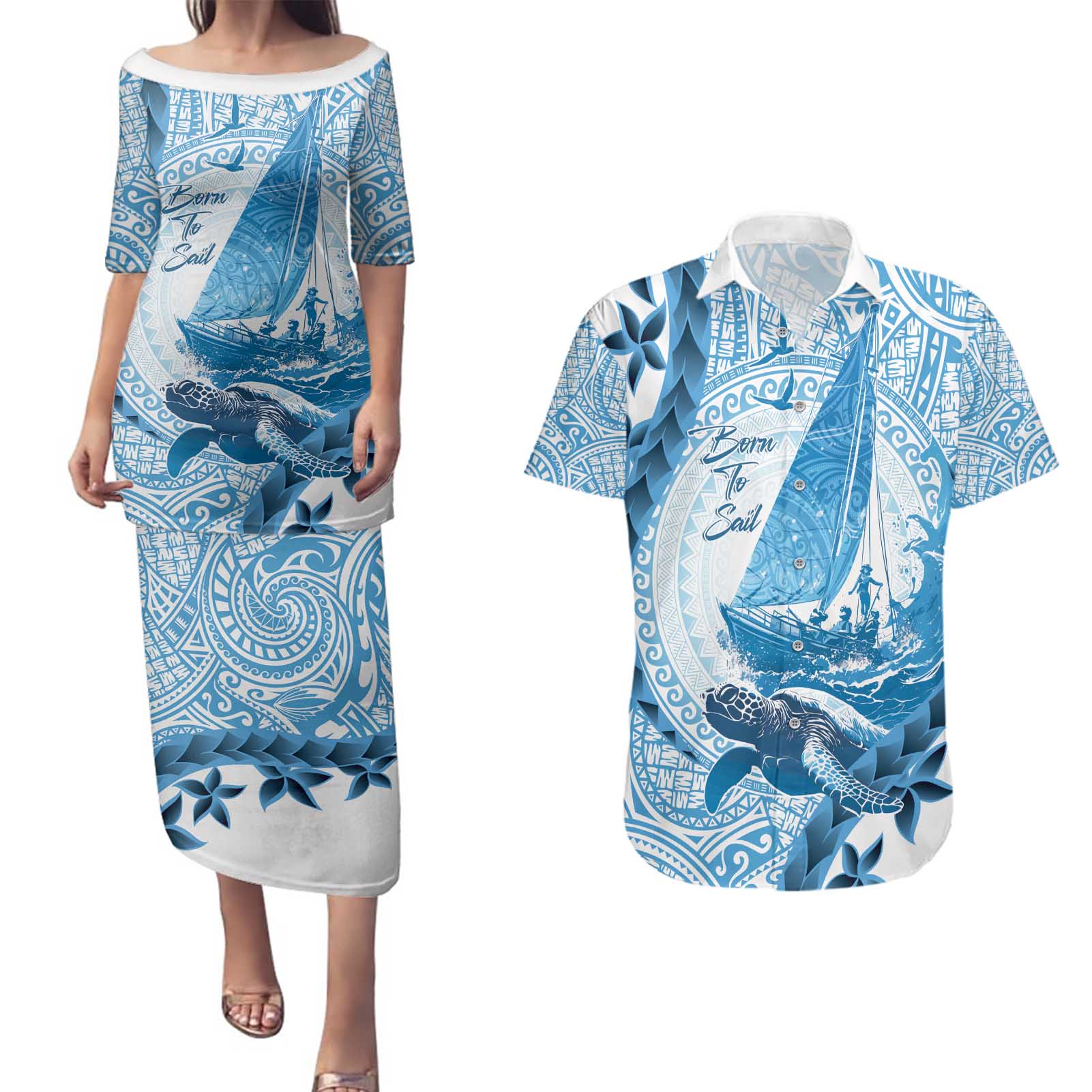 New Zealand Saling Couples Matching Puletasi and Hawaiian Shirt Aotearoa Yacht Racing - Born To Sail