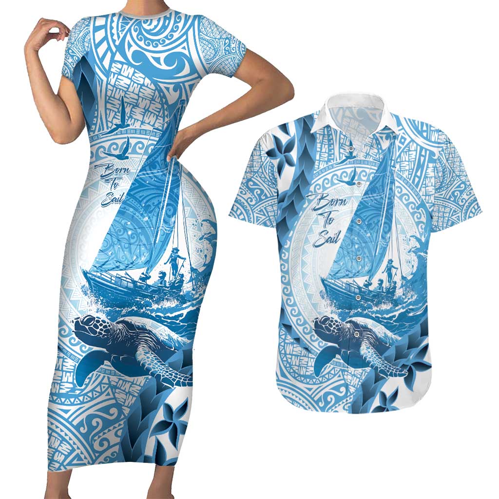 New Zealand Sailing Couples Matching Short Sleeve Bodycon Dress and Hawaiian Shirt Aotearoa Yacht Racing - Born To Sail LT14 Blue - Polynesian Pride