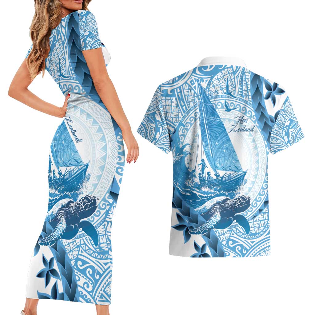 New Zealand Sailing Couples Matching Short Sleeve Bodycon Dress and Hawaiian Shirt Aotearoa Yacht Racing - Born To Sail LT14 - Polynesian Pride