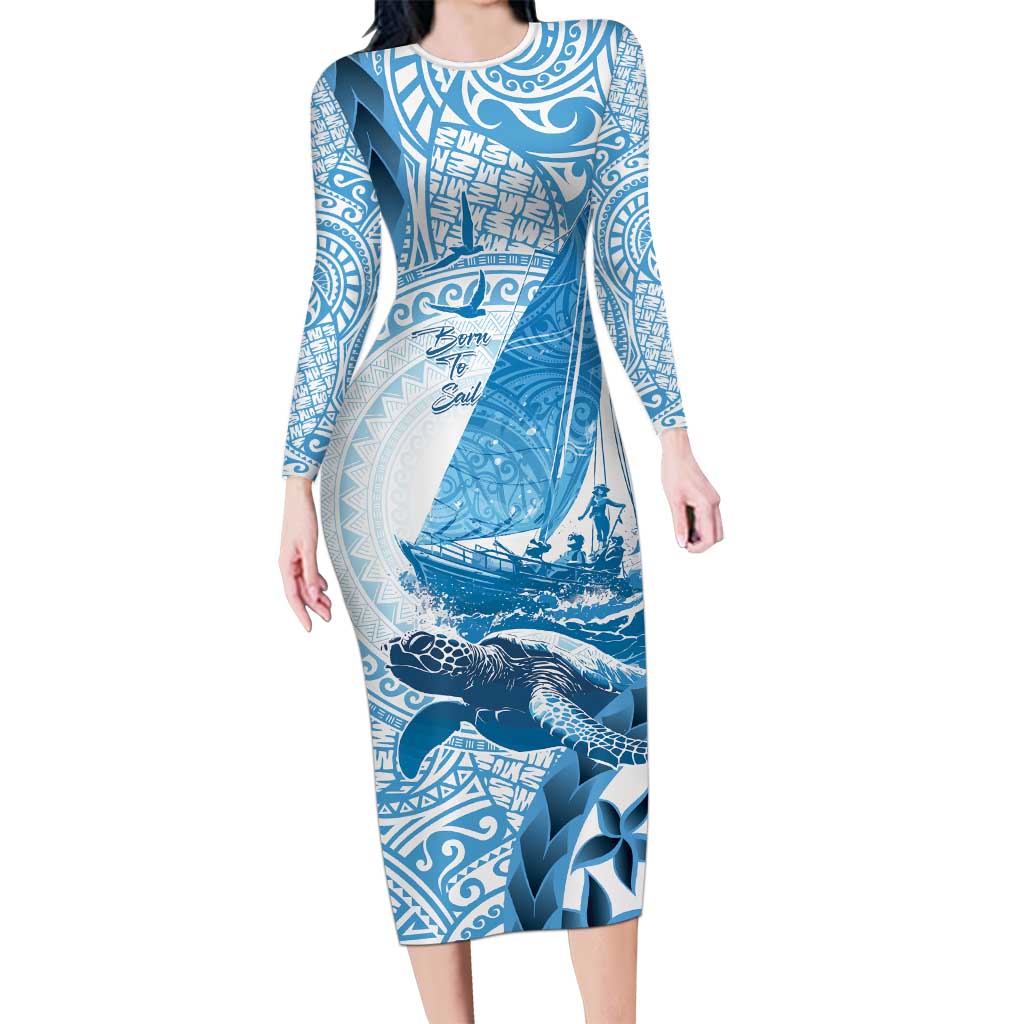 New Zealand Sailing Family Matching Long Sleeve Bodycon Dress and Hawaiian Shirt Aotearoa Yacht Racing - Born To Sail LT14 Mom's Dress Blue - Polynesian Pride