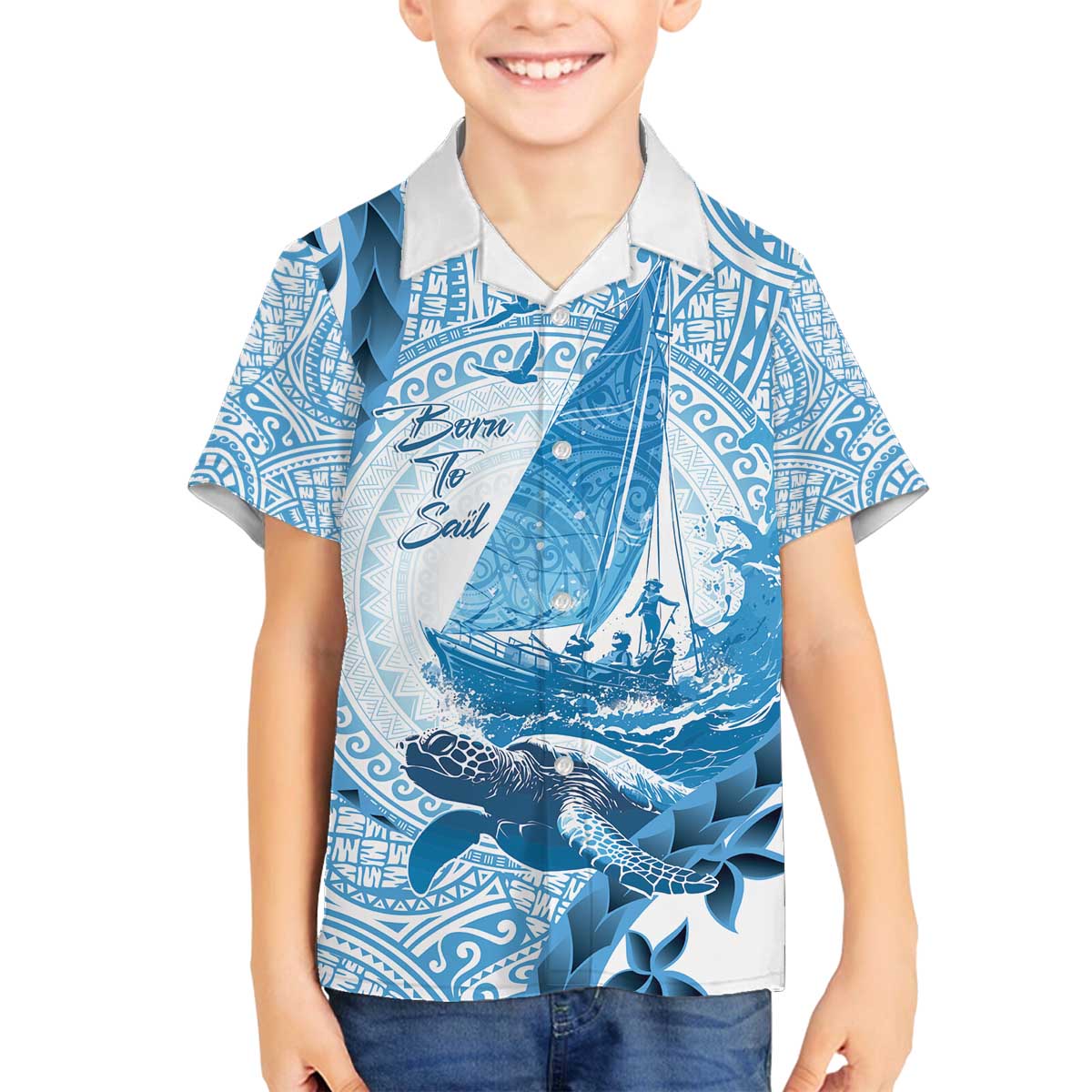 New Zealand Sailing Family Matching Off The Shoulder Long Sleeve Dress and Hawaiian Shirt Aotearoa Yacht Racing - Born To Sail LT14 Son's Shirt Blue - Polynesian Pride