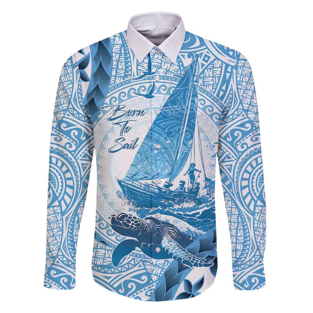 New Zealand Sailing Family Matching Off Shoulder Maxi Dress and Hawaiian Shirt Aotearoa Yacht Racing - Born To Sail LT14 Dad's Shirt - Long Sleeve Blue - Polynesian Pride
