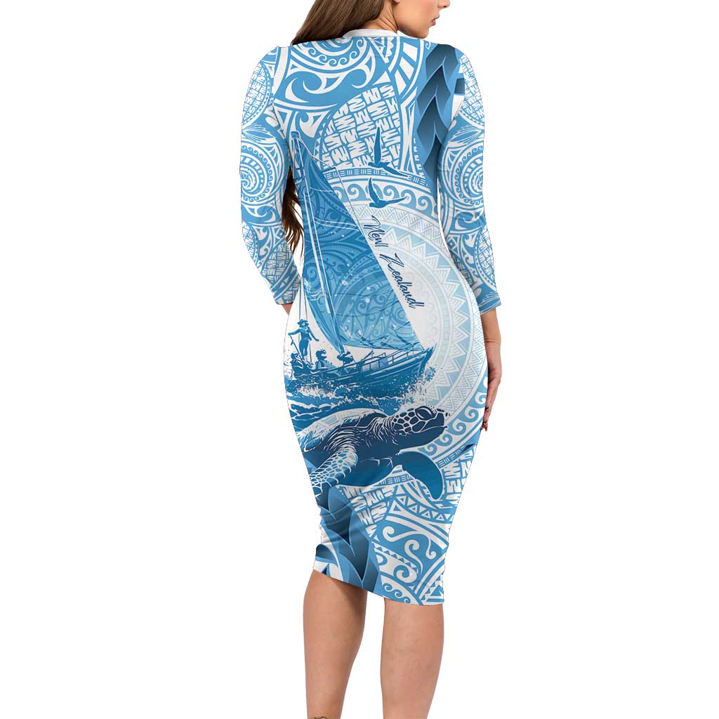 New Zealand Sailing Long Sleeve Bodycon Dress Aotearoa Yacht Racing - Born To Sail LT14 - Polynesian Pride