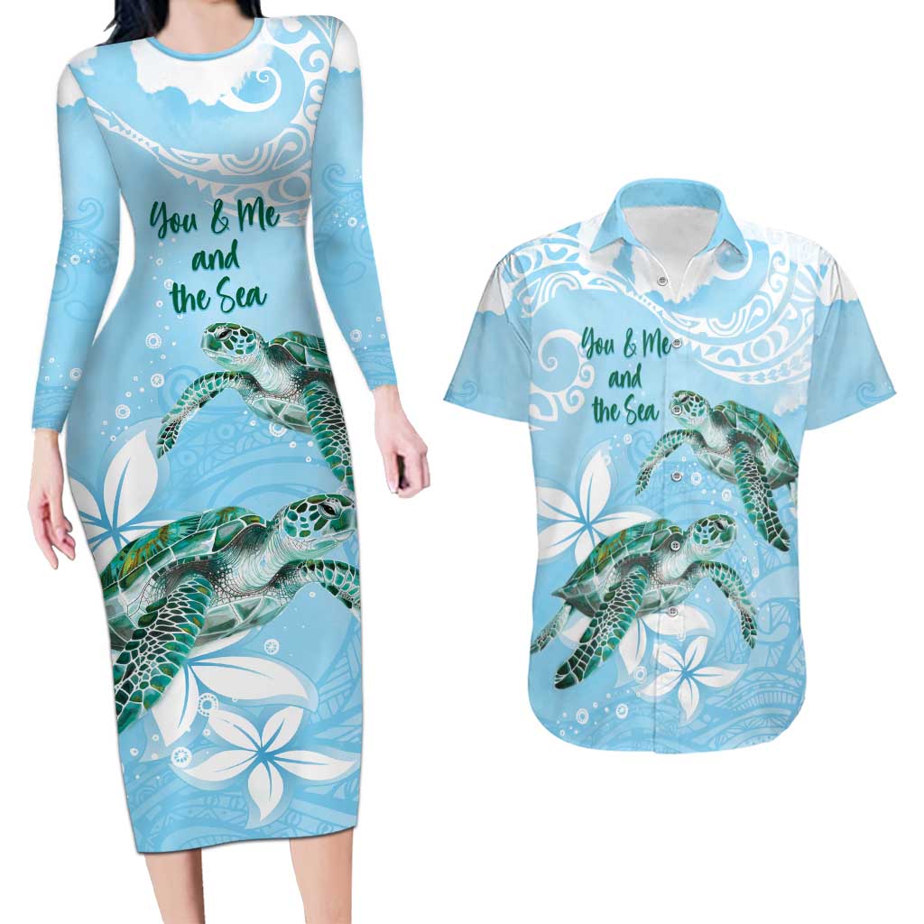 Personalised Polynesia Valentine's Day Couples Matching Long Sleeve Bodycon Dress and Hawaiian Shirt SeaTurtle Couple Polynesian - Fairy Sparkles Color LT14 Blue - Polynesian Pride