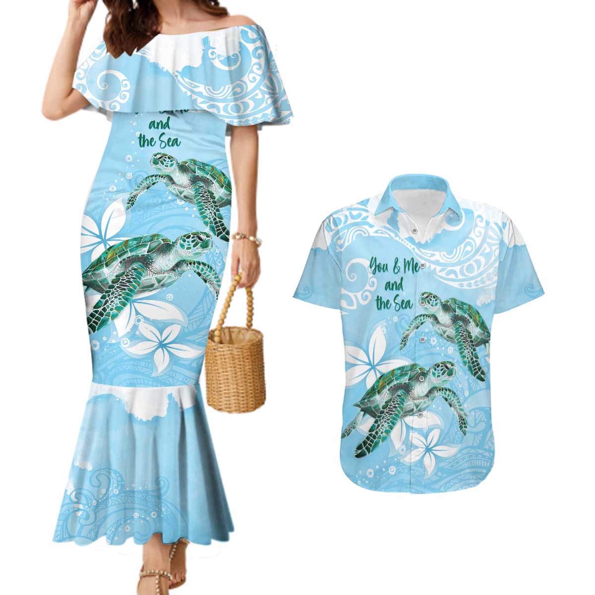 Personalised Polynesia Valentine's Day Couples Matching Mermaid Dress and Hawaiian Shirt SeaTurtle Couple Polynesian - Fairy Sparkles Color LT14 Blue - Polynesian Pride