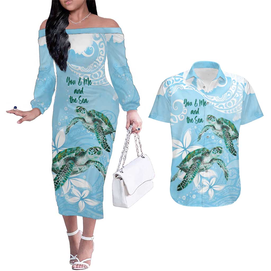 Personalised Polynesia Valentine's Day Couples Matching Off The Shoulder Long Sleeve Dress and Hawaiian Shirt SeaTurtle Couple Polynesian - Fairy Sparkles Color LT14 Blue - Polynesian Pride