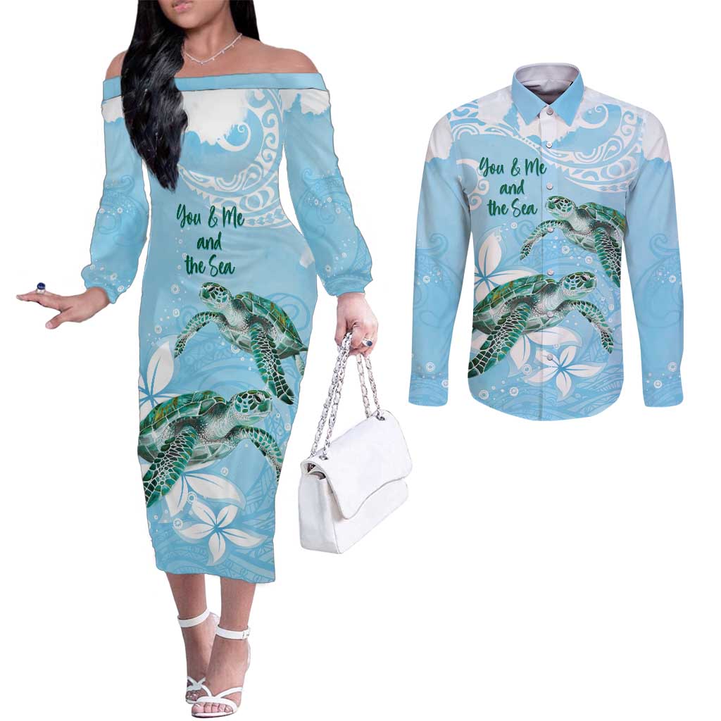 Personalised Polynesia Valentine's Day Couples Matching Off The Shoulder Long Sleeve Dress and Long Sleeve Button Shirt SeaTurtle Couple Polynesian - Fairy Sparkles Color LT14 Blue - Polynesian Pride