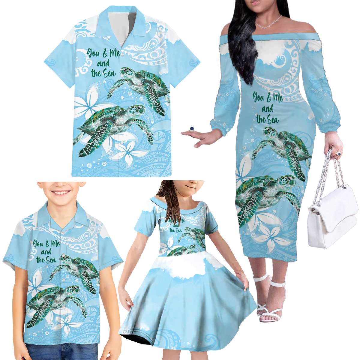 Personalised Polynesia Valentine's Day Family Matching Off The Shoulder Long Sleeve Dress and Hawaiian Shirt SeaTurtle Couple Polynesian - Fairy Sparkles Color LT14 - Polynesian Pride
