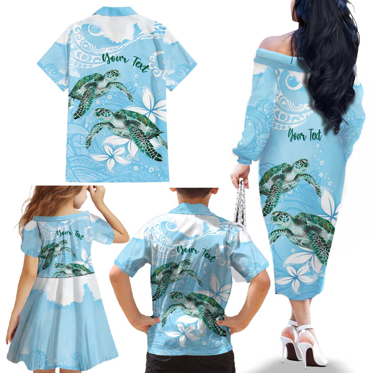 Personalised Polynesia Valentine's Day Family Matching Off The Shoulder Long Sleeve Dress and Hawaiian Shirt SeaTurtle Couple Polynesian - Fairy Sparkles Color LT14 - Polynesian Pride