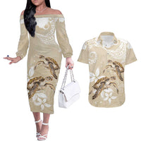 Happy Valentine's Day Polynesia Couples Matching Off The Shoulder Long Sleeve Dress and Hawaiian Shirt SeaTurtle Couple Polynesian - Pollinate Color LT14 Beige - Polynesian Pride