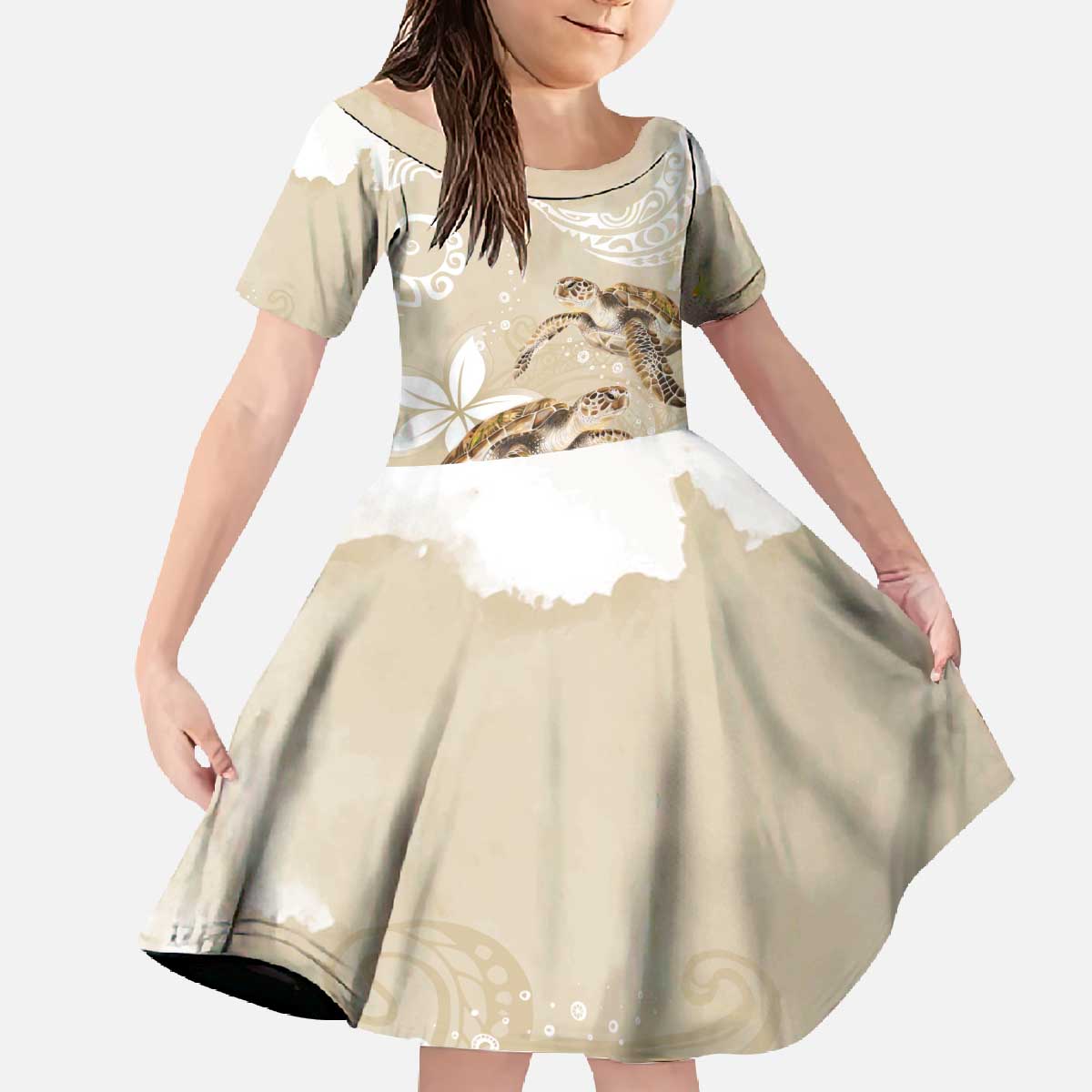 Happy Valentine's Day Polynesia Family Matching Off The Shoulder Long Sleeve Dress and Hawaiian Shirt SeaTurtle Couple Polynesian - Pollinate Color LT14 Daughter's Dress Beige - Polynesian Pride