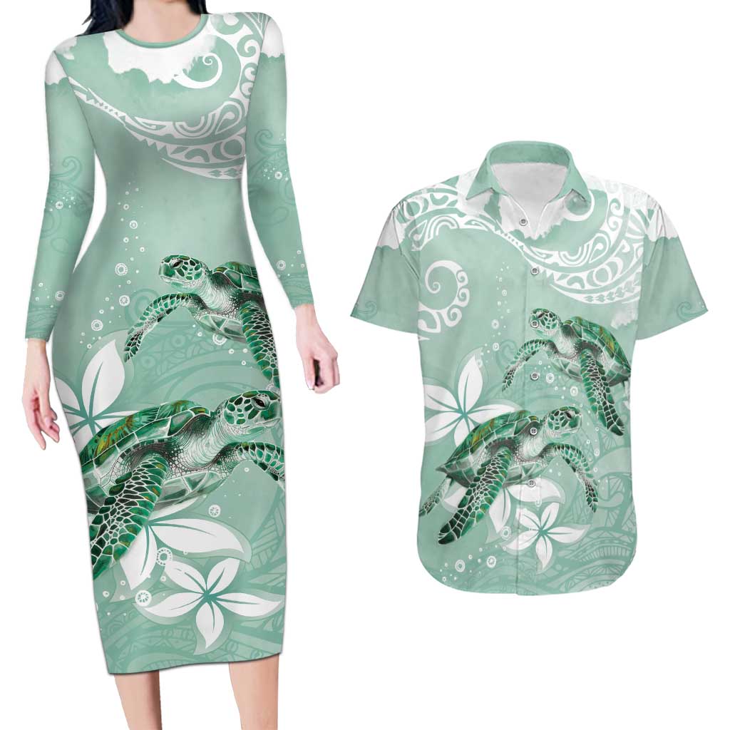 Happy Valentine's Day Polynesia Couples Matching Long Sleeve Bodycon Dress and Hawaiian Shirt SeaTurtle Couple Polynesian - Green Lester Color LT14 Green - Polynesian Pride