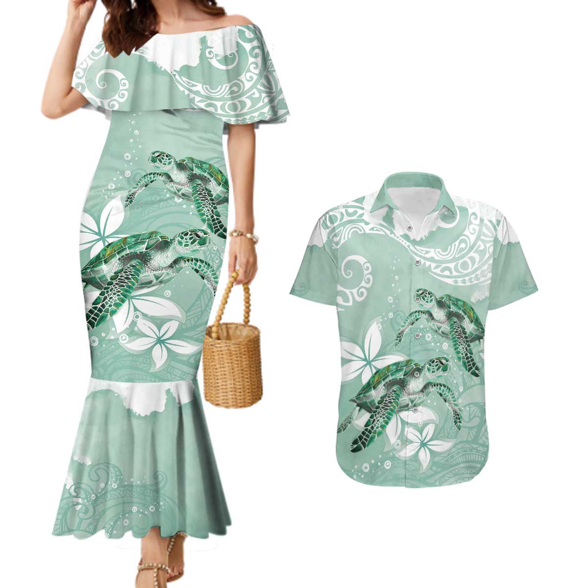 Happy Valentine's Day Polynesia Couples Matching Mermaid Dress and Hawaiian Shirt SeaTurtle Couple Polynesian - Green Lester Color LT14 Green - Polynesian Pride