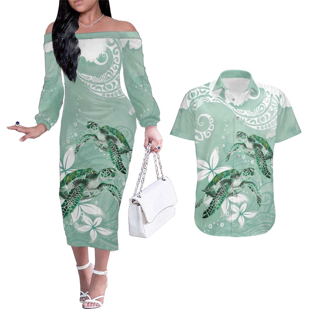 Happy Valentine's Day Polynesia Couples Matching Off The Shoulder Long Sleeve Dress and Hawaiian Shirt SeaTurtle Couple Polynesian - Green Lester Color LT14 Green - Polynesian Pride