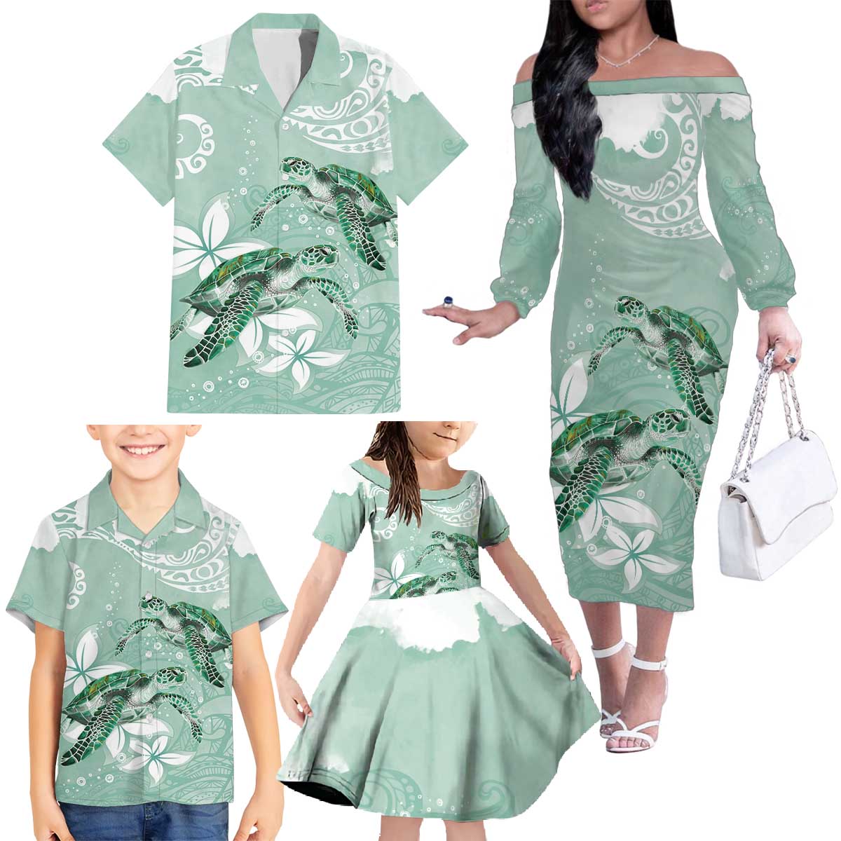 Happy Valentine's Day Polynesia Family Matching Off The Shoulder Long Sleeve Dress and Hawaiian Shirt SeaTurtle Couple Polynesian - Green Lester Color LT14 - Polynesian Pride