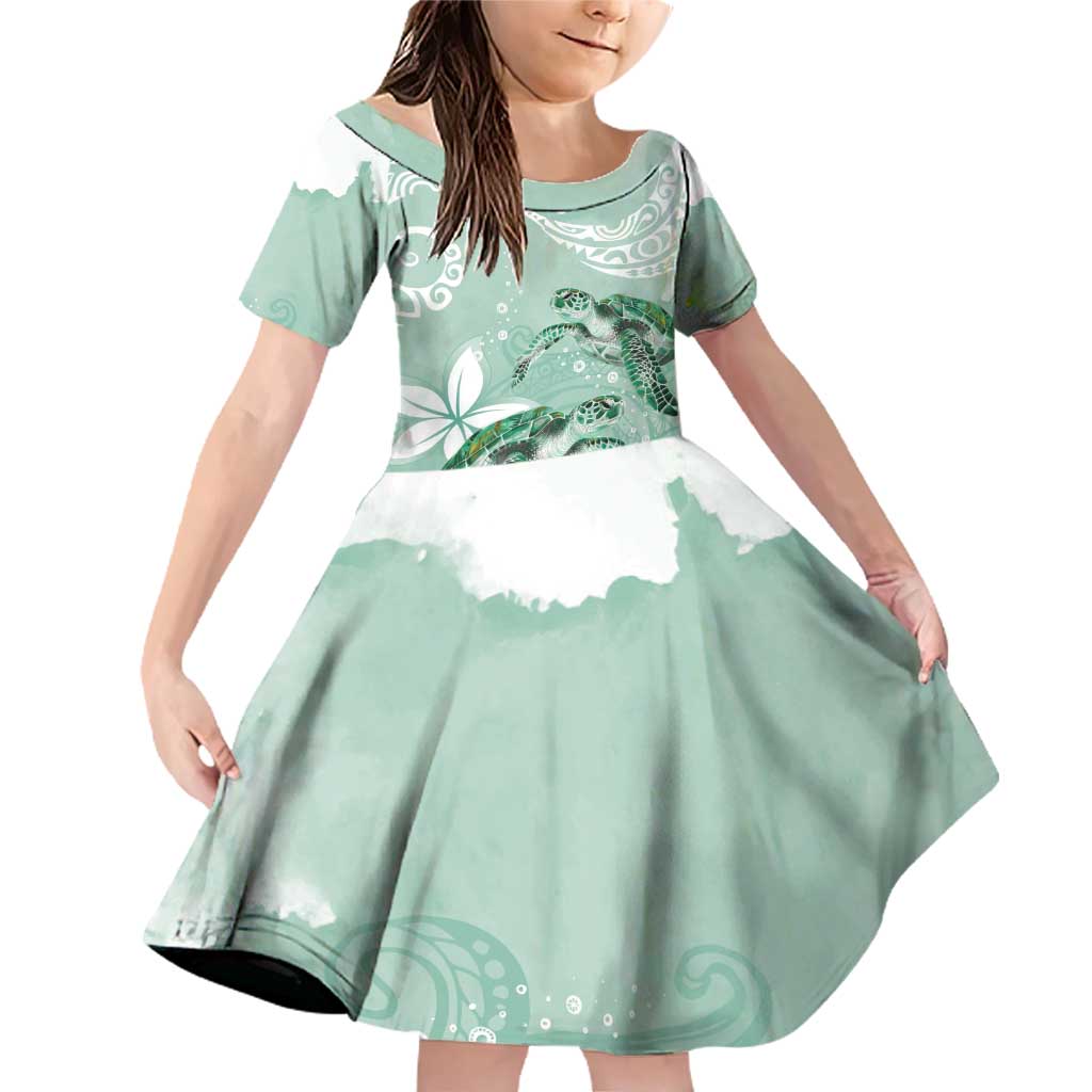 Happy Valentine's Day Polynesia Family Matching Off Shoulder Short Dress and Hawaiian Shirt SeaTurtle Couple Polynesian - Green Lester Color LT14 Daughter's Dress Green - Polynesian Pride