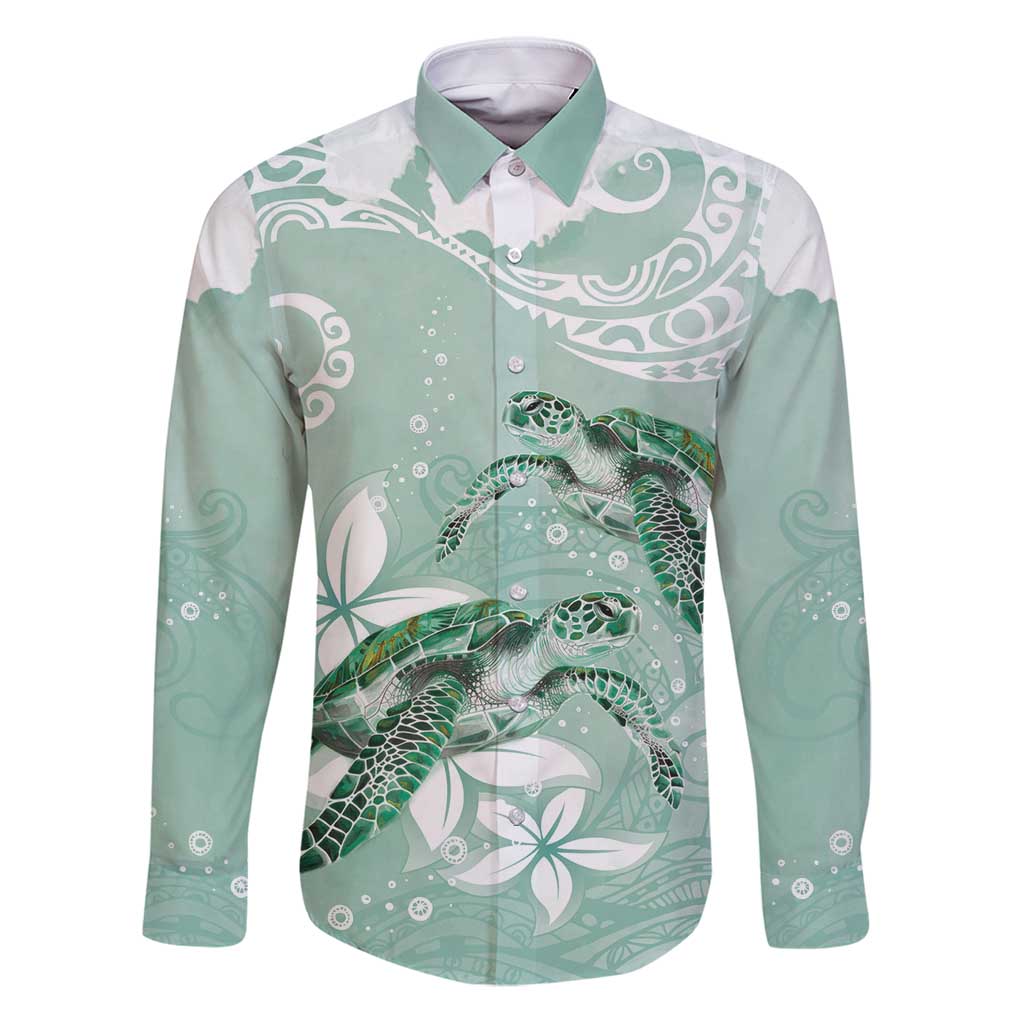 Happy Valentine's Day Polynesia Family Matching Puletasi and Hawaiian Shirt SeaTurtle Couple Polynesian - Green Lester Color LT14 Dad's Shirt - Long Sleeve Green - Polynesian Pride