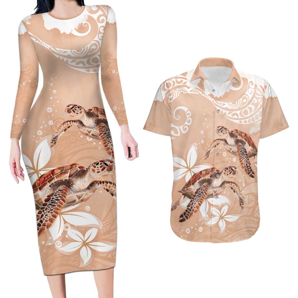 Happy Valentine's Day Polynesia Couples Matching Long Sleeve Bodycon Dress and Hawaiian Shirt SeaTurtle Couple Polynesian - Desert Sand Color LT14 Desert Sand - Polynesian Pride