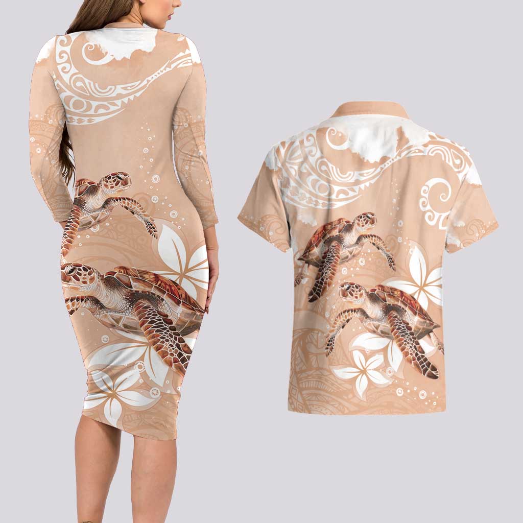 Happy Valentine's Day Polynesia Couples Matching Long Sleeve Bodycon Dress and Hawaiian Shirt SeaTurtle Couple Polynesian - Desert Sand Color LT14 - Polynesian Pride