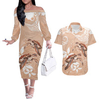 Happy Valentine's Day Polynesia Couples Matching Off The Shoulder Long Sleeve Dress and Hawaiian Shirt SeaTurtle Couple Polynesian - Desert Sand Color LT14 Desert Sand - Polynesian Pride