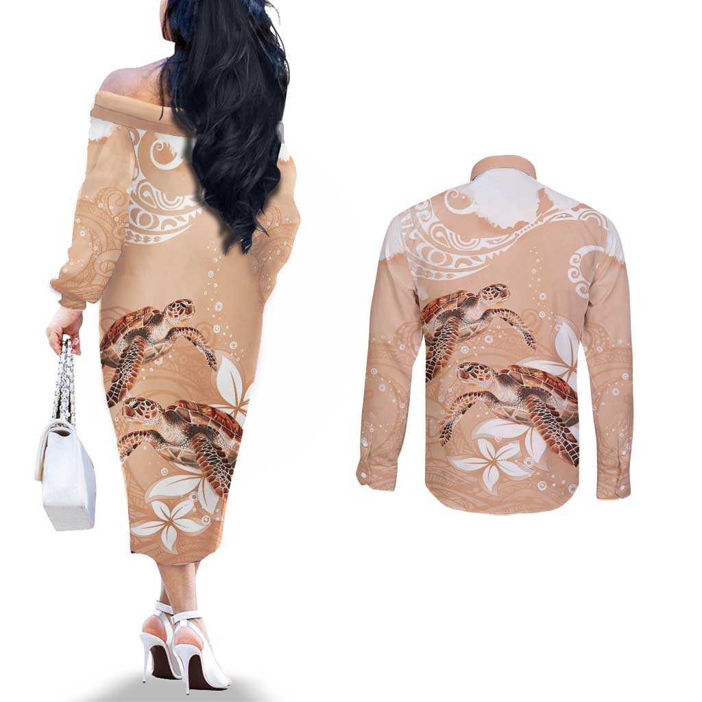 Happy Valentine's Day Polynesia Couples Matching Off The Shoulder Long Sleeve Dress and Long Sleeve Button Shirt SeaTurtle Couple Polynesian - Desert Sand Color