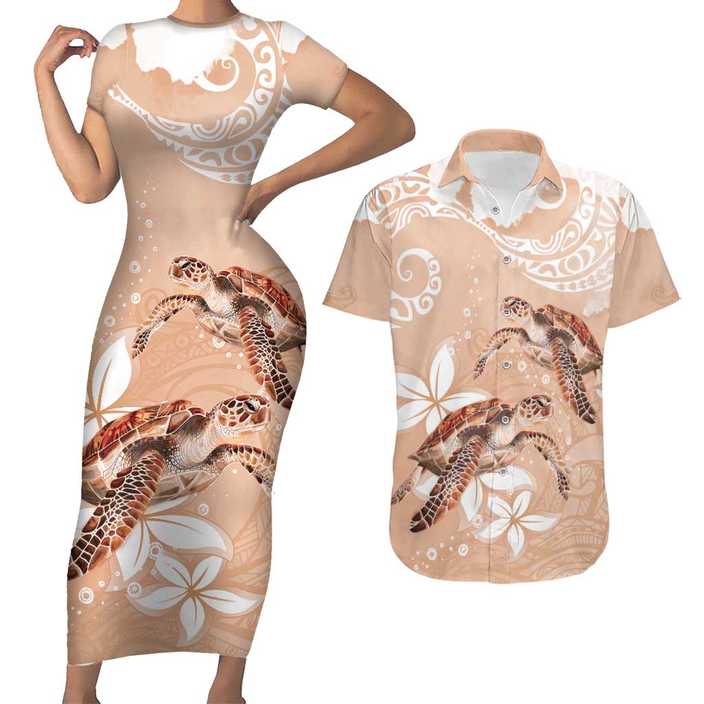 Happy Valentine's Day Polynesia Couples Matching Short Sleeve Bodycon Dress and Hawaiian Shirt SeaTurtle Couple Polynesian - Desert Sand Color LT14 Desert Sand - Polynesian Pride