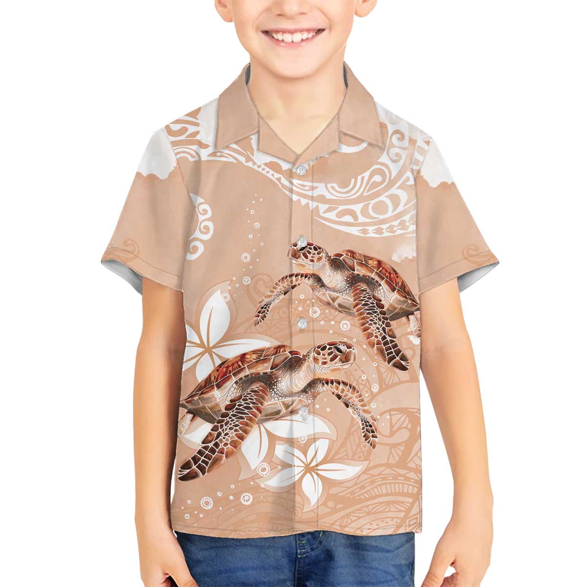 Happy Valentine's Day Polynesia Family Matching Off The Shoulder Long Sleeve Dress and Hawaiian Shirt SeaTurtle Couple Polynesian - Desert Sand Color LT14 Son's Shirt Desert Sand - Polynesian Pride