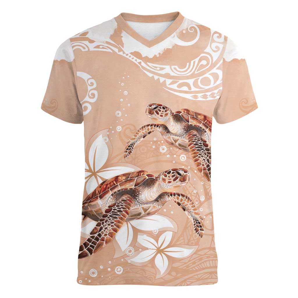 Happy Valentine's Day Polynesia Women V-Neck T-Shirt SeaTurtle Couple Polynesian - Desert Sand Color