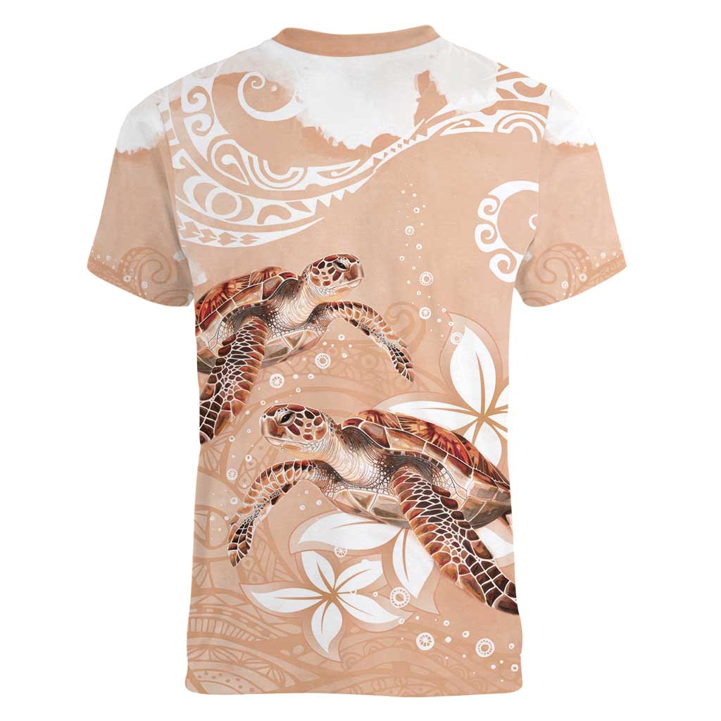 Happy Valentine's Day Polynesia Women V-Neck T-Shirt SeaTurtle Couple Polynesian - Desert Sand Color