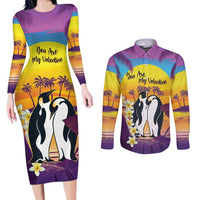 Hawaii Penguin Couple Couples Matching Long Sleeve Bodycon Dress and Long Sleeve Button Shirt You Are My Valentine - Tropical Sunset Vibes LT14 Purple - Polynesian Pride