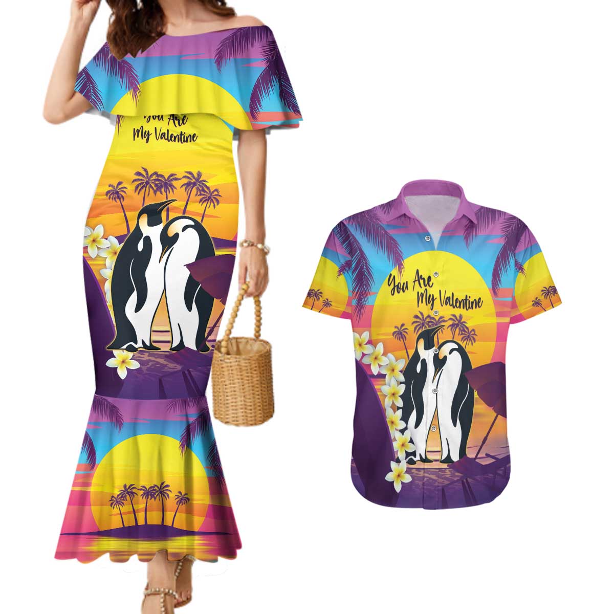 Hawaii Penguin Couple Couples Matching Mermaid Dress and Hawaiian Shirt You Are My Valentine - Tropical Sunset Vibes LT14 Purple - Polynesian Pride