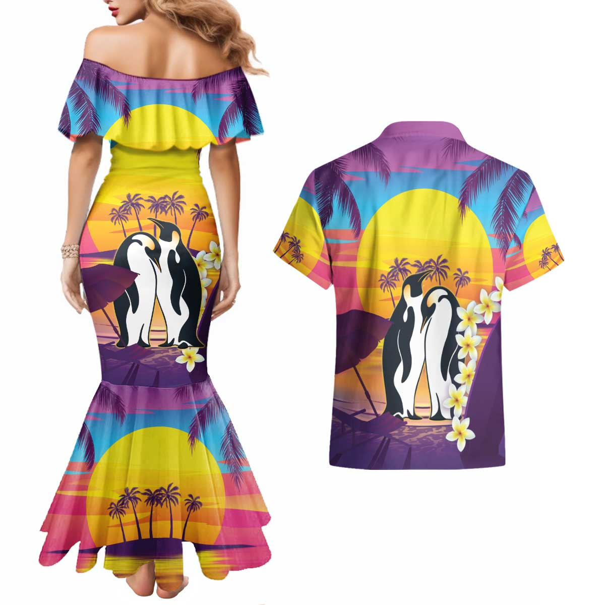 Hawaii Penguin Couple Couples Matching Mermaid Dress and Hawaiian Shirt You Are My Valentine - Tropical Sunset Vibes LT14 - Polynesian Pride
