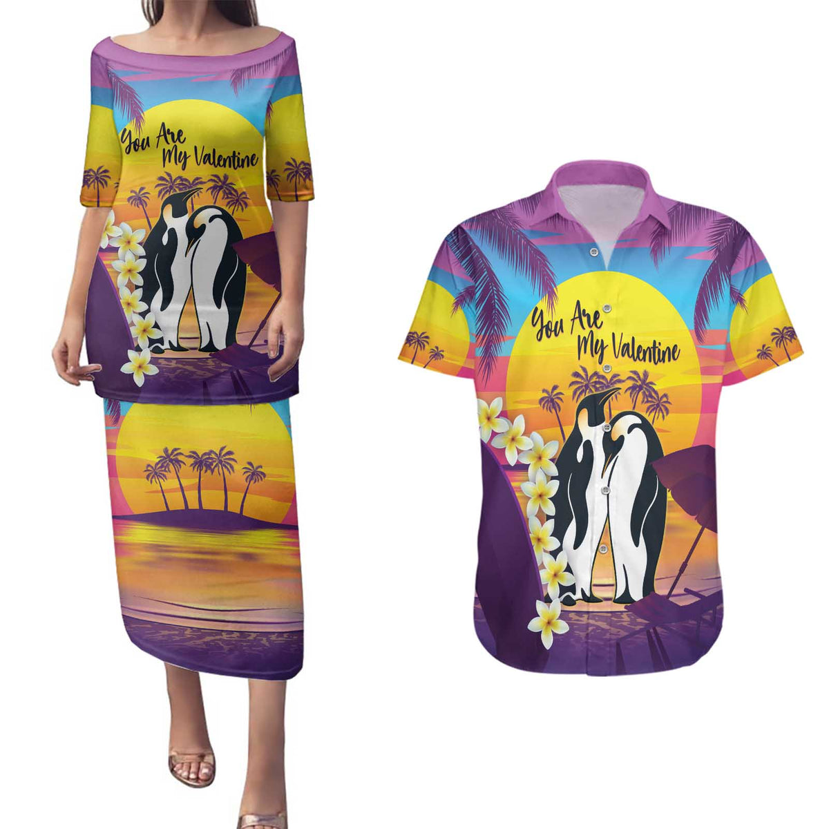 Hawaii Penguin Couple Couples Matching Puletasi and Hawaiian Shirt You Are My Valentine - Tropical Sunset Vibes LT14 Purple - Polynesian Pride