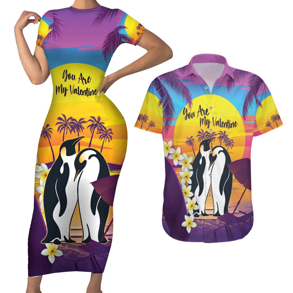 Hawaii Penguin Couple Couples Matching Short Sleeve Bodycon Dress and Hawaiian Shirt You Are My Valentine - Tropical Sunset Vibes LT14 Purple - Polynesian Pride